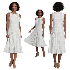 London Times Tiered Eyelet Lace Midi Dress White Size 8 Workwear Peasant NEW